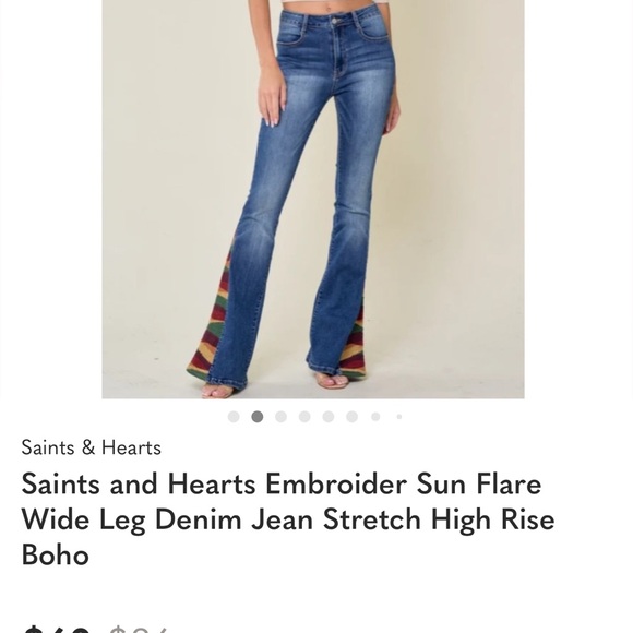 Saints and Hearts Embroidered Sun Flare Wide Leg Denim Jeans ☀️ 👖 - Picture 2 of 4